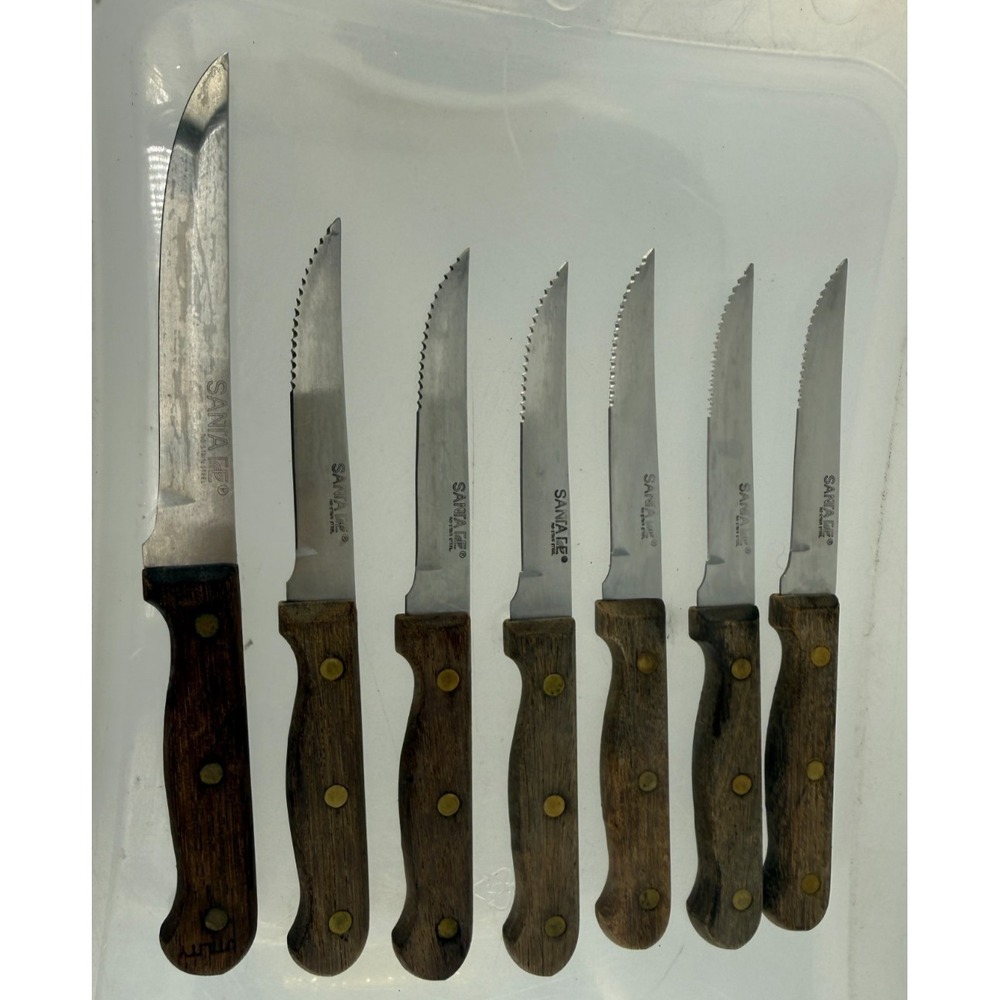 Santa Fe 7 Pc Steak Knife Set Serrated Stainless Steel Wood Handles Japan Vintag
